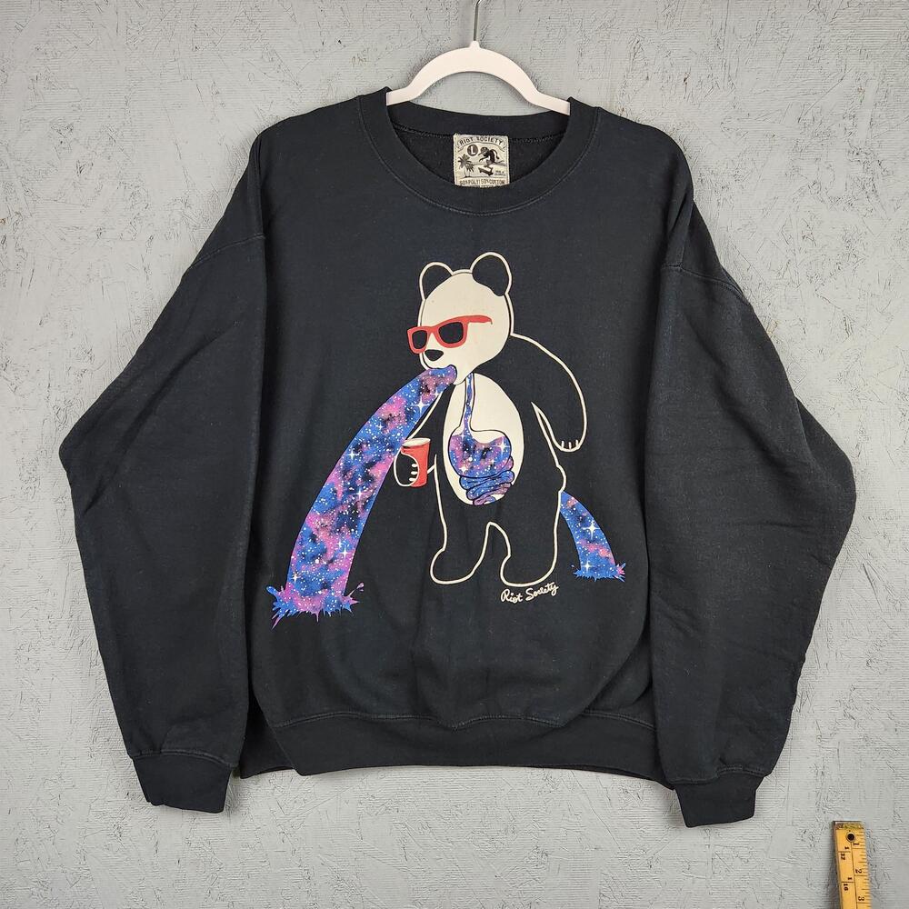 Riot Society Sweatshirt Mens Large Black Galaxy Panda Vomit Crewneck Skater USA